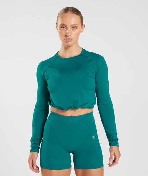 Przycięte Topy Gymshark Sweat Seamless Long Sleeve Damskie Turkusowe | PL 961ZKM